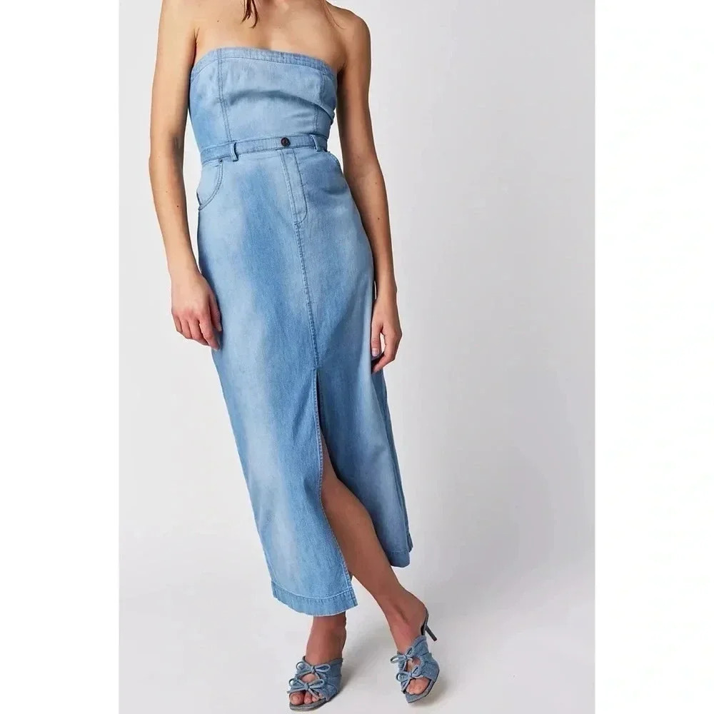 Free People Picture Perfect Strapless Denim Midi Dres in Allure Blue 6
